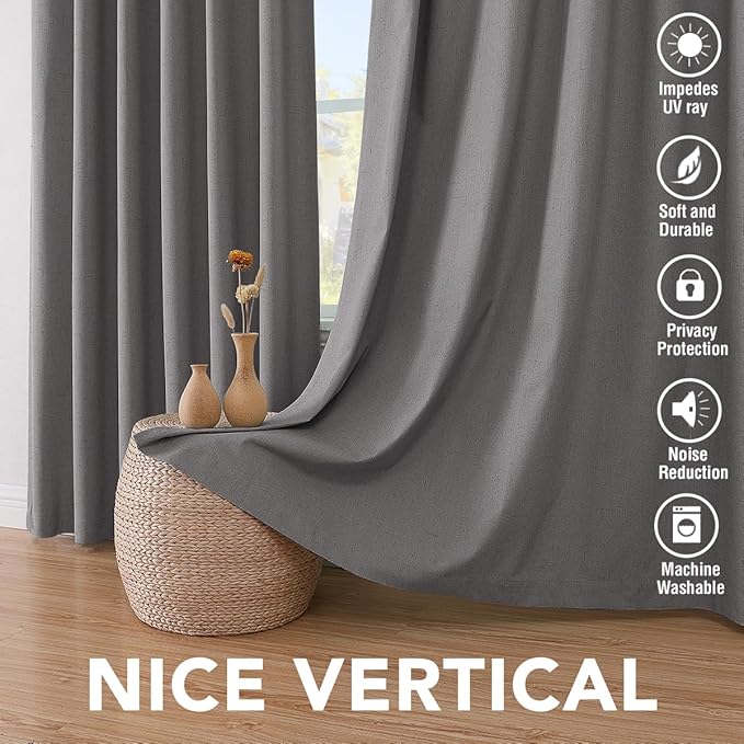H.VERSAILTEX Linen Blackout Curtains 45 Inches Long 100% Absolutely Blackout Thermal Insulated Textured Linen Look Curtain Draperies Anti-Rust Grommet, Energy Saving with White Liner, 2 Panels, Grey