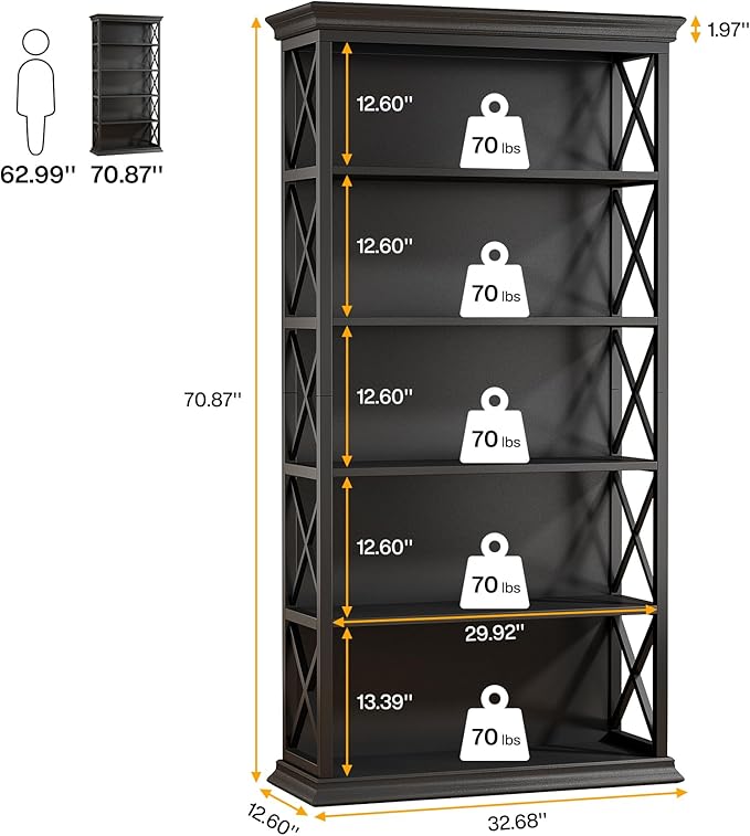 Tribesigns 6-Tier Bookcase, 71 Inches Industrial Bookshelves and Bookcases, Floor Standing 5 Shelf Display Storage Shelves Tall Bookcase for Home Office, Living Room, Bed Room, 2 Pcs