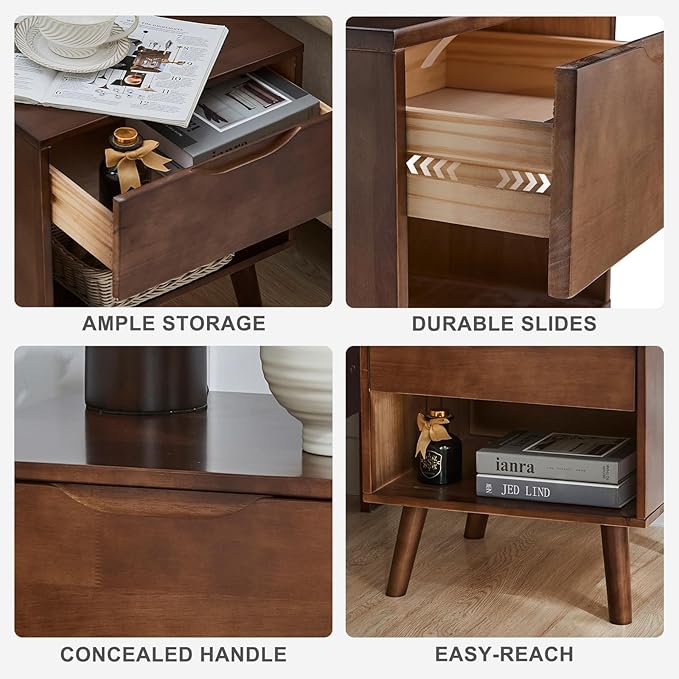 Uniclinens Nightstand with Drawer and Opening Storage, Modern Solid Rubberwood Bedside Table for Bedroom, 19" Sofa Side Table End Tables Living Room, Walnut