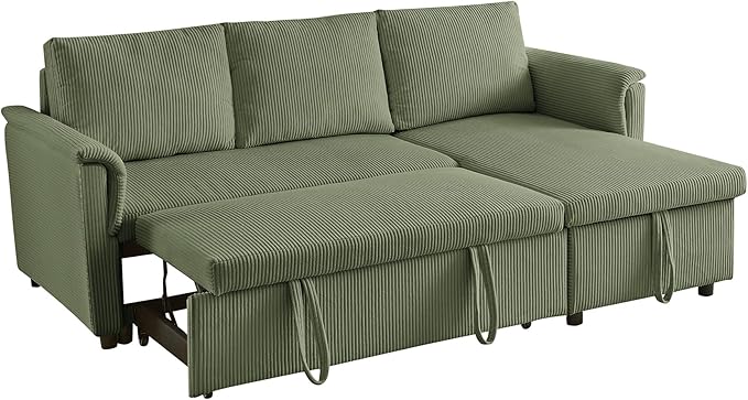 Ball & Cast Reversible Sectional Sofa Couch,L-Shape Sleeper Sofa Bed with Storage Chaise Pull Out Couch for Living Room | Hidden Storage | Pull Out Bed | Removable Backrest | Corduroy Fabric,Green