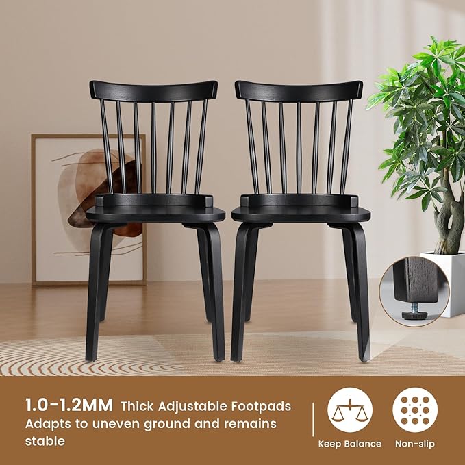 Unovivy Wood Dining Chairs Set of 2, Windsor Farmhouse Spindle Back, Widen Seat, Modern Mid-Century Country Style, for Living Room Restaurant, Black