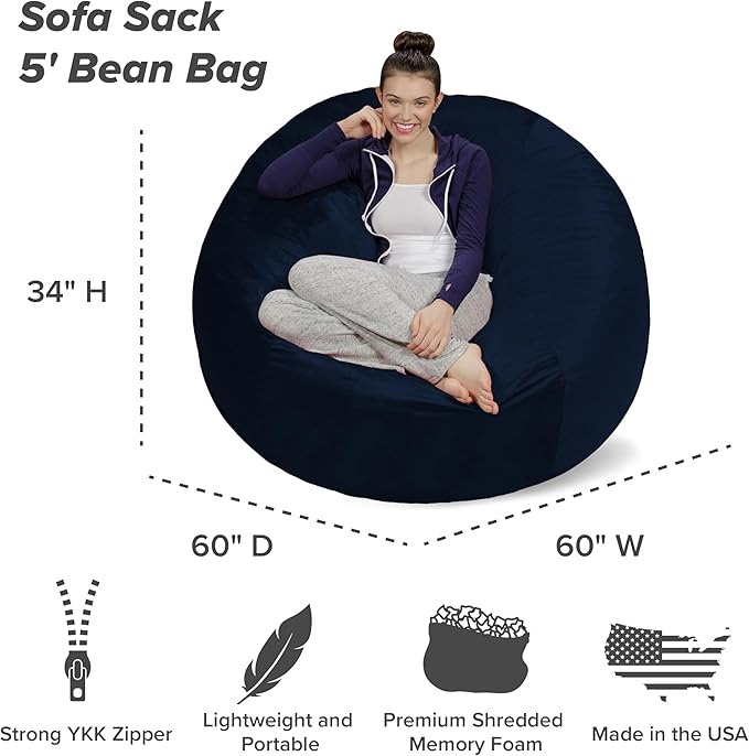 Sofa Sack Bean Bag Chair - Plush, Ultra Soft - Memory Foam Bean Bag Chair with Microsuede Cover - Stuffed Foam Filled Furniture and Accessories for Dorm Room 5 Feet - Navy