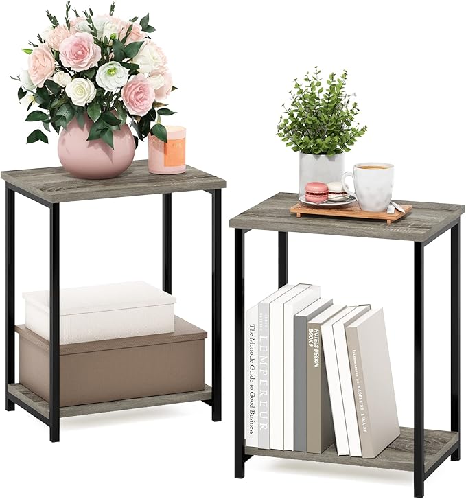 Furinno Simplistic Metal Frame End Table, 2-Pack, French Oak