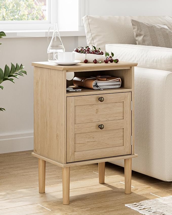 Nightstand, Boho Night Stand with 1 Drawer, Modern Side Accent Table with Open Shelf, Wooden Top Bedside End Table for Bedroom, Living Room, Natural