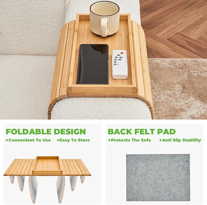 Bamboo Sofa Arm Tray, Anti Falling Couch Arm Tray Table, Foldable Couch Armrest Table, Portable Sofa Armrest Trays Cup Holder for Drink, Cups, Phone, Snacks, Remote