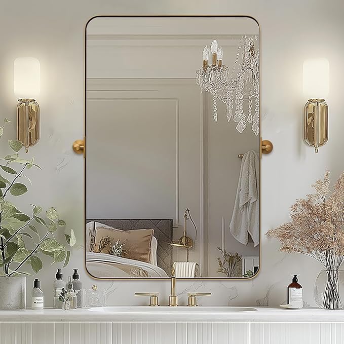 MOON MIRROR Brushed Gold Rectangle Pivot Mirror for Bathroom, Brass Pivoting Vanity，Overall 24.33 x 30 in (Mirror 20x 30 in)