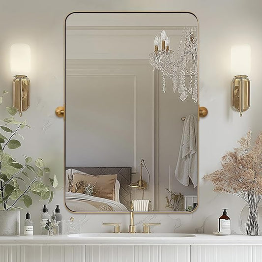 MOON MIRROR Brushed Gold Rectangle Pivot Mirror for Bathroom, Brass Pivoting Vanity，Overall 24.33 x 30 in (Mirror 20x 30 in)