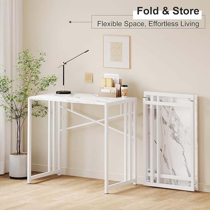 35 inch Folding Small Desk, Writing Gaming Computer Camping Desk for Small Spaces, No Assembly Required Home Office Table, White Marble