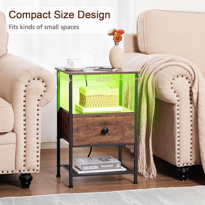 Night Stand Set 2, LED Nightstand with Charging Station, End Tables Living Room with Fabric Drawer for Small Spaces, Side Tables with Storage Shelf for Bedroom, Rustic Brown HETS01PQBR