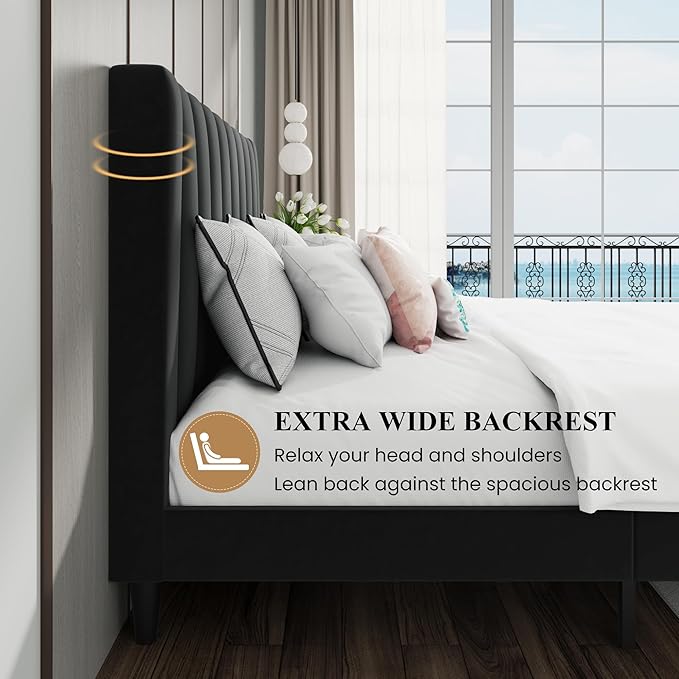 SHA CERLIN Full Bed Frame/Velvet Upholstered Platform Bed Frame with Headboard/Strong Wood Slats Support/Mattress Foundation/No Box Spring Needed - Black
