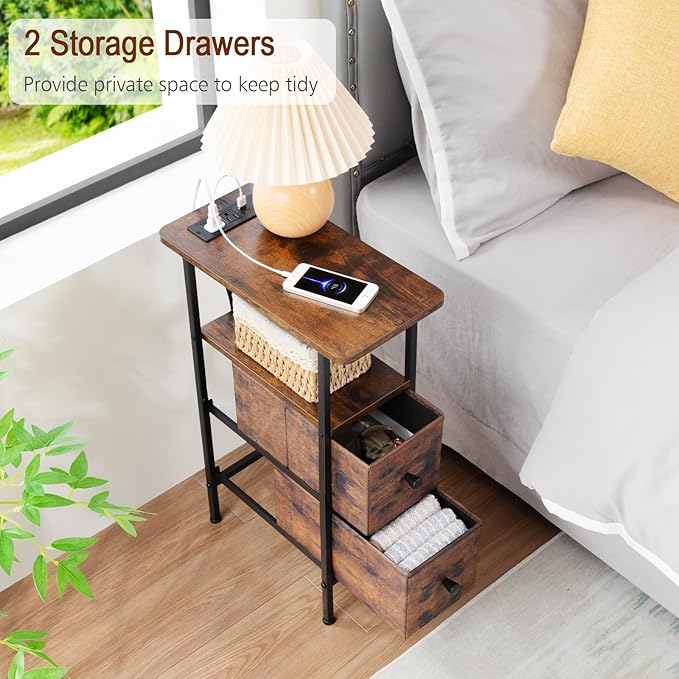 Narrow End Table Living Room with Charging Station, Skinny Side Table with Fabric Drawers, Slim Nightstand for Bedroom, Small Spaces, Couch, Rustic Brown, HETNDP02PBR-1