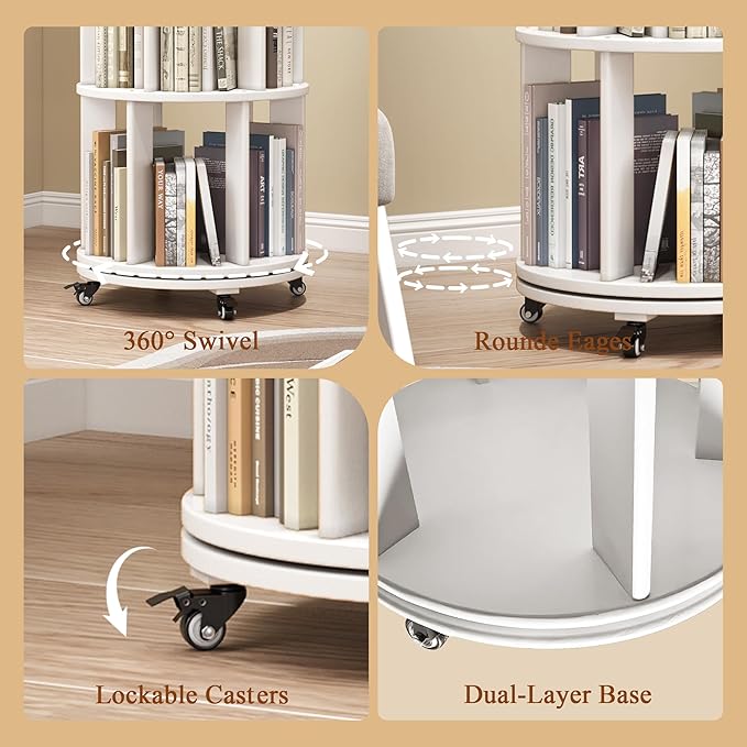 4 Tier Rotating Bookshelf Tower, 360 Spinning Bookcase Carousel with Lockable Wheels, Round Lazy Susan Organizer for Corner Bookshelf, Solid Wood Revolving Bookcase for Kids Room, Bedroom, Living Room