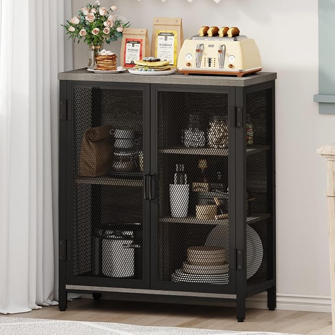 BON AUGURE Small Coffee Bar Cabinet for Liquor, Farmhouse Storage Cabinet with Doors, Wood Sideboard Buffet Cabinets for Home Kitchen, Dining Room, Living Room (Dark Grey Oak)