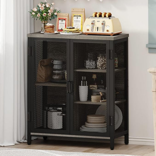 BON AUGURE Small Coffee Bar Cabinet for Liquor, Farmhouse Storage Cabinet with Doors, Wood Sideboard Buffet Cabinets for Home Kitchen, Dining Room, Living Room (Dark Grey Oak)