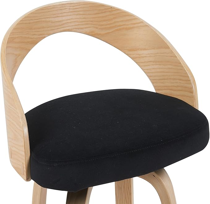 Sonia Modern Swivel Bar Height Stool with Black Upholstered Seat and Patterned Oak Wood Finish Set of 2
