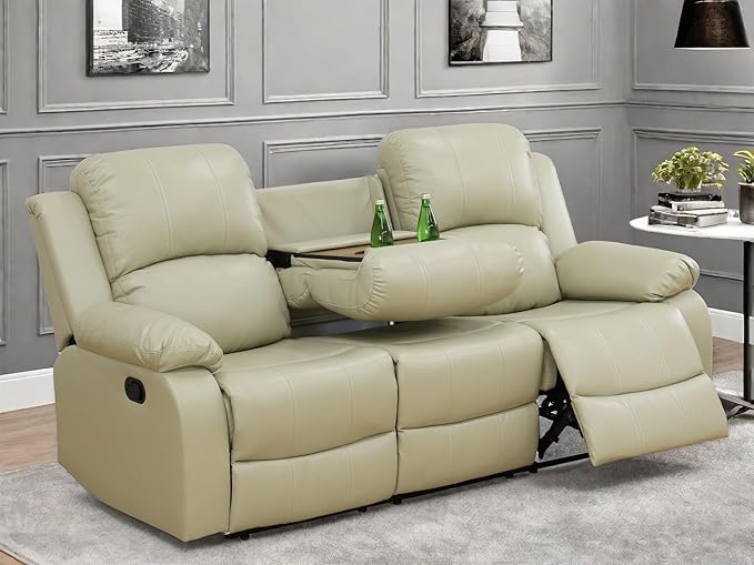 Leather Recliner Sofa Couch, 3-Seater Home Theater Seating Reclining Sofa, Power Reclining Couch with Cup Holders & Drop Down Table for Living Room Furniture Sets, Khaki