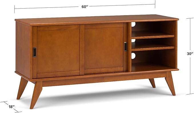 SIMPLIHOME Draper SOLID HARDWOOD 60 Inch Wide Mid Century Modern TV Media Stand in Teak Brown For TVs up to 65 Inches, For the Living Room and Entertainment Center