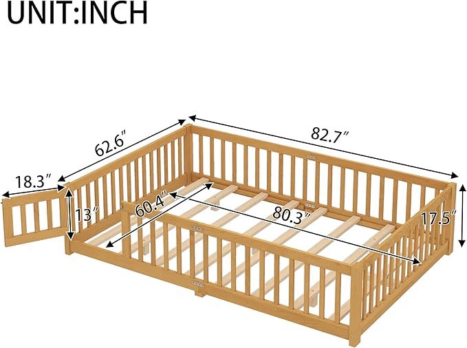 Queen Size Floor Bed Frame with Slats and Safety Guardrail, Wood Queen Size Montessori Floor Bed with Door and Fence, Easy Assemble Montessori Beds for Kids, Girls, Boys, Natural