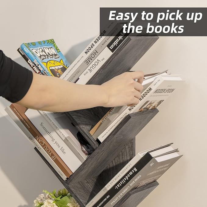 5 Tier Tree Book Shelf, Small Desktop Bookshelf with Storage Organizer, Wood Bookcase, Desk Display Bookshelves, Floor Standing Organizer Bookcases for Living Room,Bedroom,Office - Light Grey