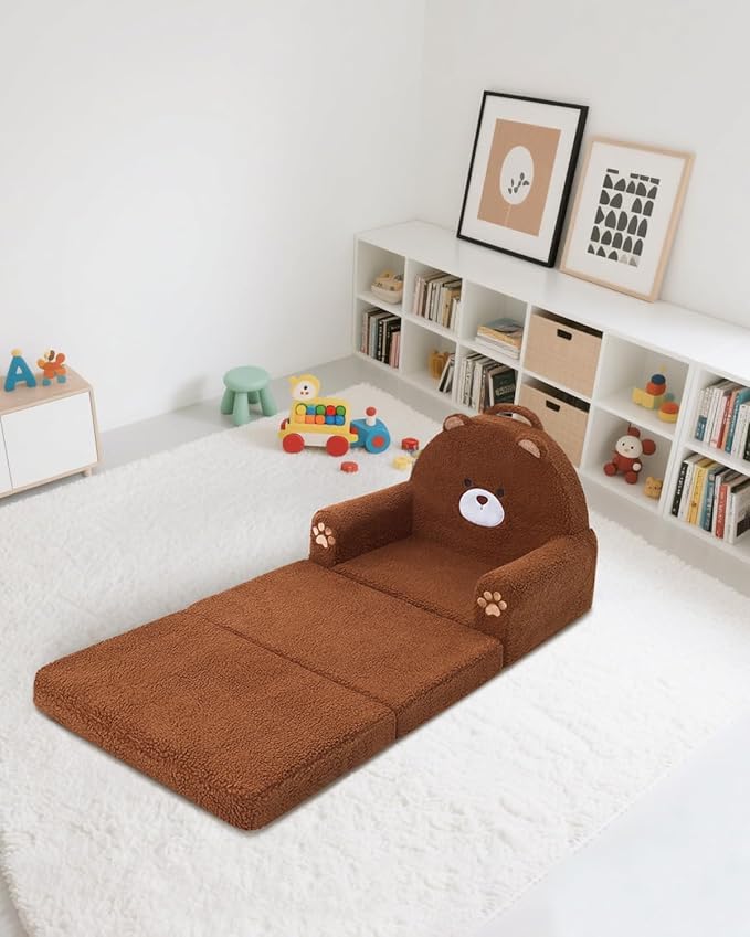 MOONBEEKI 2-in-1 Foldable Toddler Couch, Soft Sherpa Fabric with Washable Cover, Convertible Sofa to Lounger, Kids Sofa for Playroom, Bedroom, Living Room, Birthday Gift, Ages 1-3, Bear, Medium