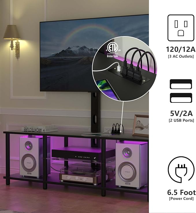 TV Stand with Mount and Led Light，Black TV Stand with Power Outlets for 32/40/43/50/55/60/65/70 Inch TV,Entertainment Center with Open Storage Shelf for Bedroom/Living Room/Office