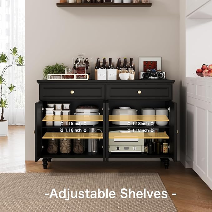 47.6" Buffet Sideboard with 2 Drawers and 4 Doors, Wooden Kitchen Storage Cabinet with Adjustable Shelves, Rustic Top Console Table for Dining Room, Kitchen, or Entryway,Black