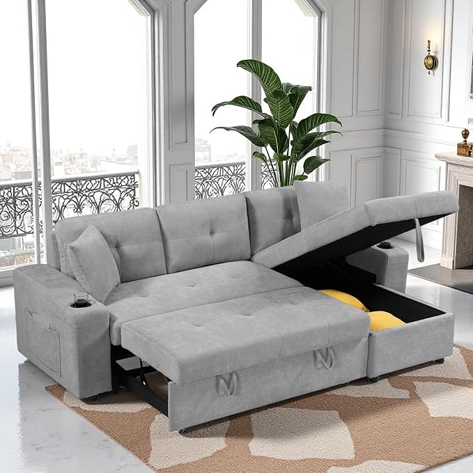 L Shape Pull Out Sofa Bed with Cup Holder, Convertible Sectional Couch with Reversible Chaise Storage, Modular 4 Seat Sofa with Side Pockets, for Living Room, Apartment, Office, Light Gray