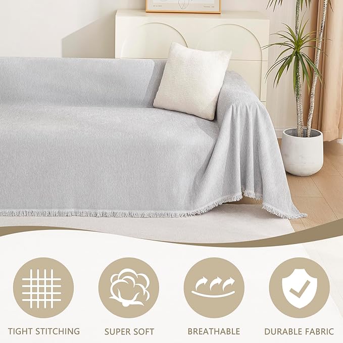 MYSKY HOME Sofa Cover for Dogs, Washable Boho Couch Cover Blanket, Thick Durable Tassel Water Resistant Furniture Protector, 71"x 118", Light Grey