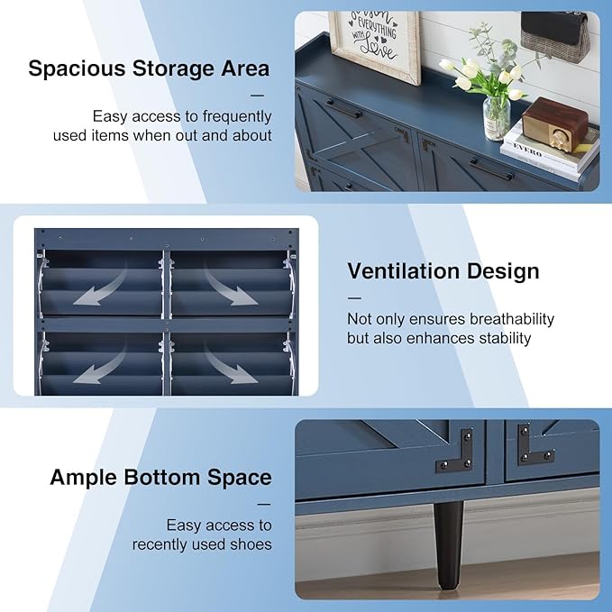 Shoe Storage Cabinet,Farmhouse Shoe Organizer with 4 Flip Drawers & Barn Door Design,Freestanding Hidden Slim Narrow Shoe Rack Cabinet for Entryway,Foyer,Hallway,Blue