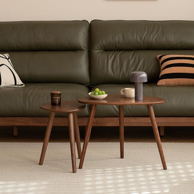 Small Oval Coffee Table, 19.7'' Small Mid Century Modern End Table for Living Room, 100% Solid Oak Wood Side Table, Minimalist Display Center Table(Walnut Color, 19.68" Wx13.38 Dx17.71 H)