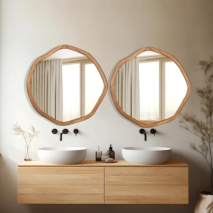 ULIKE Round Wood Mirror 24 Inch Circle Wall Mirror, Asymmetrical Bathroom Vanity Mirror with Wood Frame, Decorative Wall Mounted Mirror for Bedroom, Living Room, Entryway, Rustic Brown