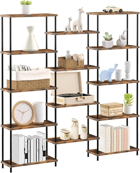 MOOACE 5 Tier Bookshelf, Industrial Style Bookcases with 14 Open Display Shelves, Open Large Storage Bookshelves Shelving with Anti-Falling Device for Bedroom,Living Room, Office Display Cabinet Brown