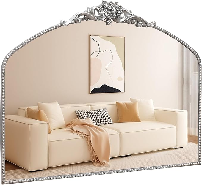 AIXI HOME Silver Arched Mirror, 40" x 30" Traditional Vintage Antique Mantel Mirror with Ornate Metal Frame, Baroque Wall Mounted Mirror for Entryway/Fireplace/Hallway/Bathroom/Living Room/Bedroom