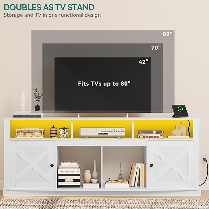 YITAHOME TV Stand for 75/80 Inch TV, White Entertainment Center 70 Inches Wide, Media Furniture TV Table with with Power Outlet, TV Consoles for Living Room, Curved Desktop