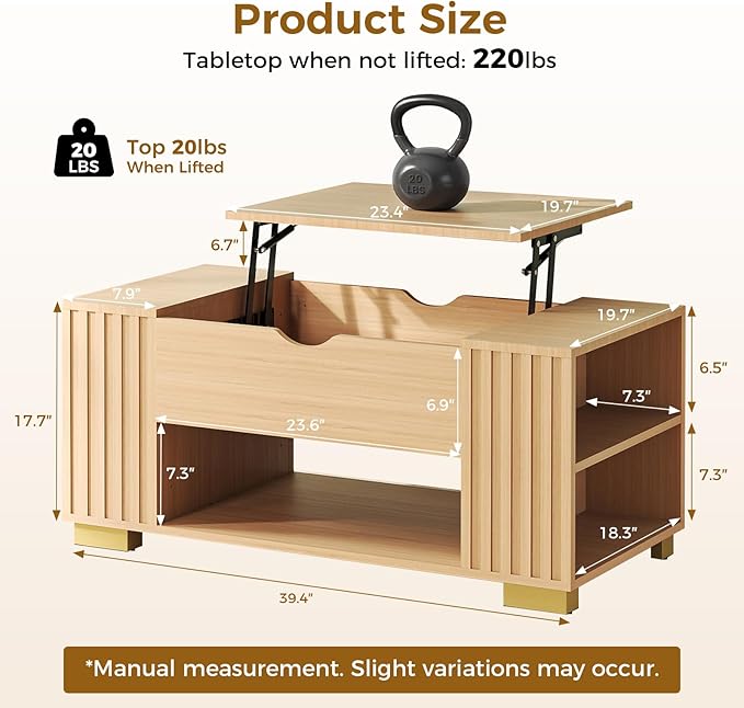 COMHOMA Lift Top Coffee Tables for Living Room, 39" Center Table with Hidden Storage Compartment, Adjustable Wooden Tea Table for Small Spaces, Natural Oak