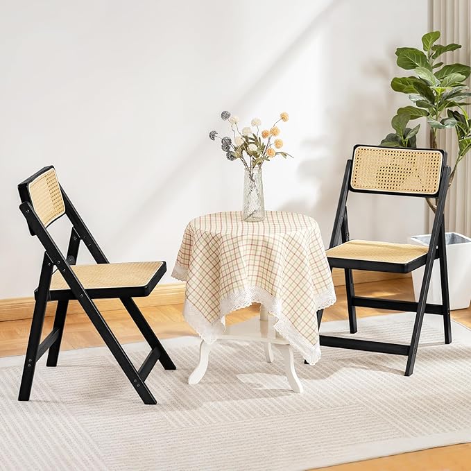 Rattan Folding Chairs, Modern Mid Century Dining Chairs Set of 2, Outdoor Bamboo Chairs for Bedroom Living Room Reading Room Dining Kitchen, Black