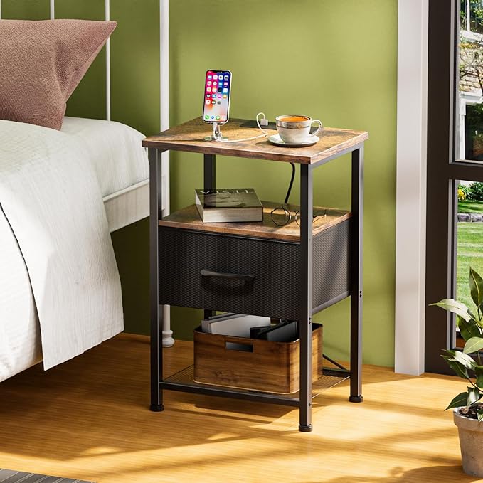Nightstands Set of 2 with Charging Station and Drawer, End Table Bedside Table with 20 Colors LED Light Strip and 2 Layers Shelf for Bedroom Living Room (Rustic Brown)