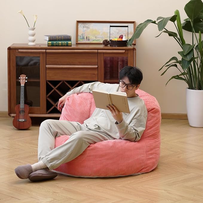 N&V Large Crescent Bean Bag Chair, Adult Size Bean Bag Sack, Foam Filling, Soft Premium Corduroy Bean Bag for Living Room Bedroom Dorm and Office (Salmon)
