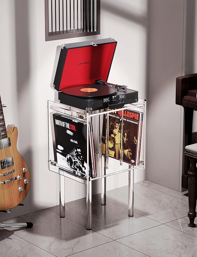 Acrylic Record Player Stand, with Vinyl Storage, Clear Acrylic Side Table (Clear)