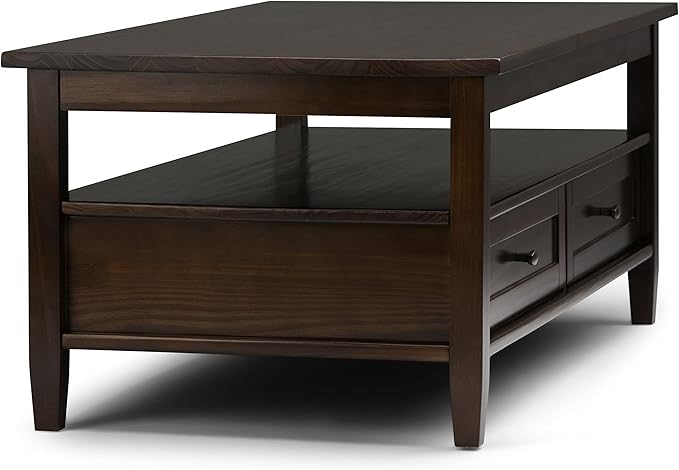SIMPLIHOME Warm Shaker Coffee Table - 48 inch Wide Solid Wood Cocktail Table in Tobacco Brown, Transitional Living Room Table with 2 Storage Drawers and Open Shelf for Sitting Area or Lounge