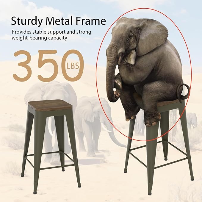 24 inch Backless Bar Stools Set of 4, Indoor Metal Bar Stools with Wood Seat, Industrial Counter Height Barstools for Kitchen Island, Rusty
