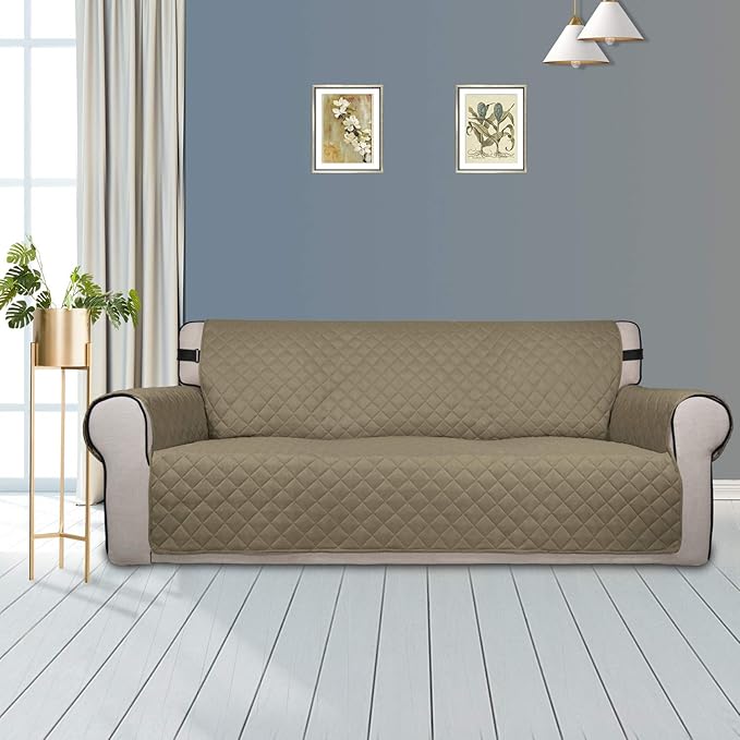 PureFit Reversible Sofa Couch Cover Water Resistant Couch Covers for 3 Cushion, Washable Furniture Cover with Non-Slip Foam and Adjustable Strap for Dogs, Pets (Oversized Sofa, Beige/Ivory)