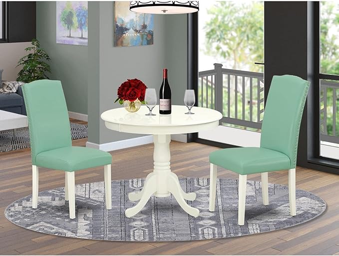 East West Furniture ANEN3-LWH-57 3 Piece Dinette Set for Small Spaces Contains a Round Kitchen Table with Pedestal and 2 Pond Faux Leather Parson Dining Chairs, 36x36 Inch, Linen White
