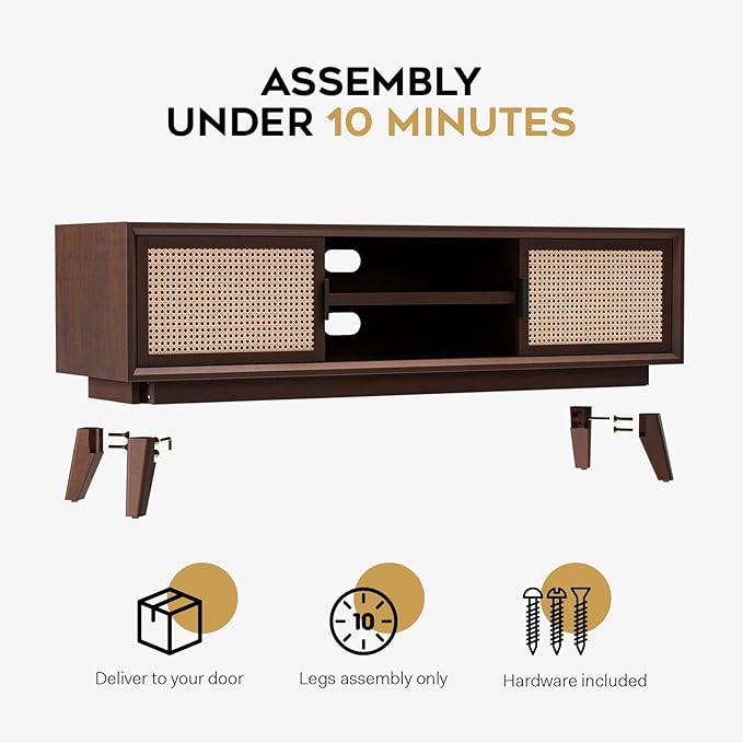 Bme Jasper Deluxe TV Console Table, Pre-Assembled Entertainment Center for up to 70 inch TV, 10 Minutes Assembly Solid Wood TV Table, Mid Century Console Stand - Walnut