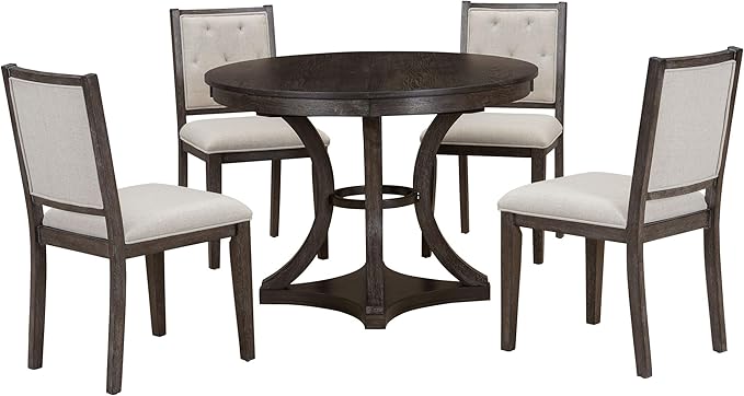 Ball & Cast Retro Dining Table Set for 4 with 4 Upholstered Chairs,5-Piece Wooden Living Room Furniture W/ 42" Round Extendable Kitchen Desk,for Small Space,Apartment,Dining Room,Espresso