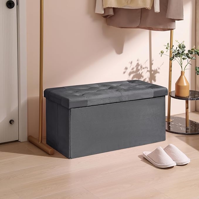 PRANDOM Extra Large Ottoman with Storage [1-Pack] Velvet Folding Small Square Foot Stool with Lid for Living Room Bedroom Coffee Table Dorm Dark Grey 30.5x15x15 inches
