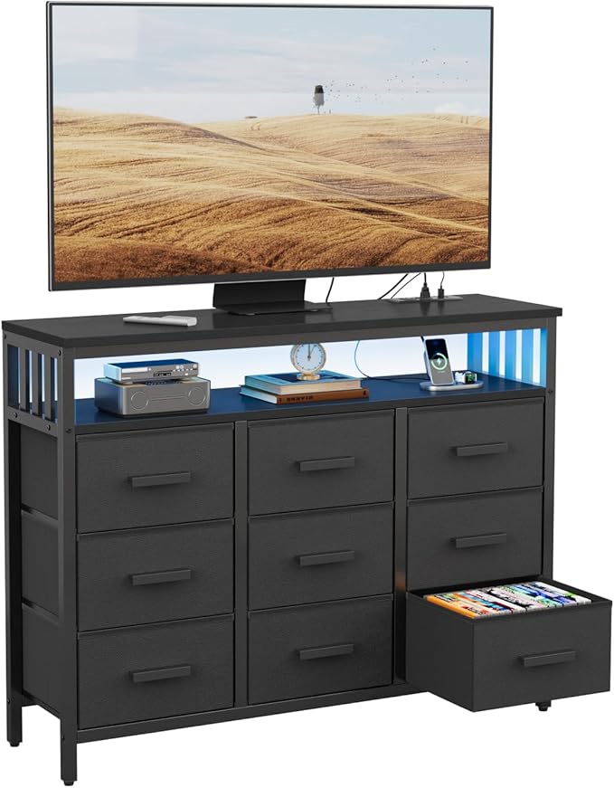 9 Drawer Dresser TV Stand with LED Lights & Power Outlets, Entertainment Center with Open Shelf, Media Console for 50” TV, Large Storage Dresser for Bedroom (Black)