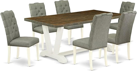East West Furniture V077EL207-7 7 Piece Kitchen Table Set Consist of a Rectangle Dining Table with V-Legs and 6 Gray Linen Fabric Parson Dining Room Chairs, 40x72 Inch, Multi-Color