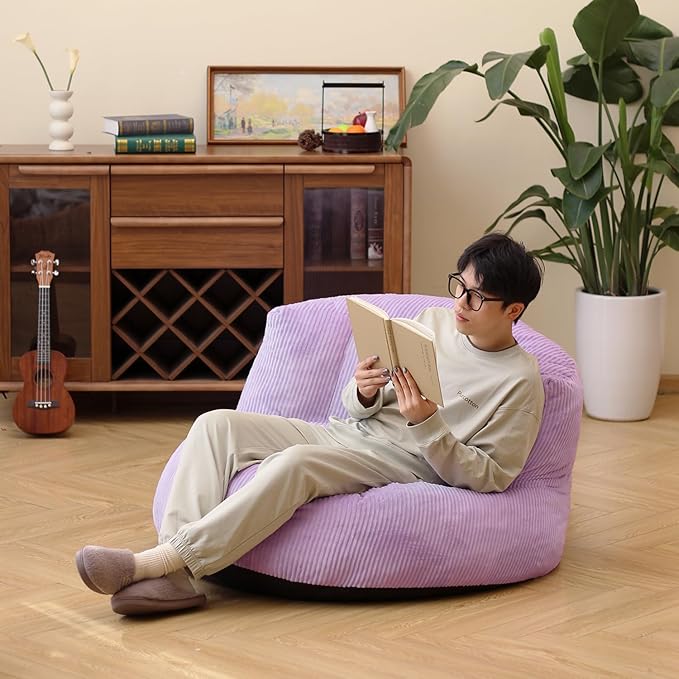 N&V Large Crescent Bean Bag Chair, Adult Size Bean Bag Sack, Foam Filling, Soft Premium Corduroy Bean Bag for Living Room Bedroom Dorm and Office (Lavender)