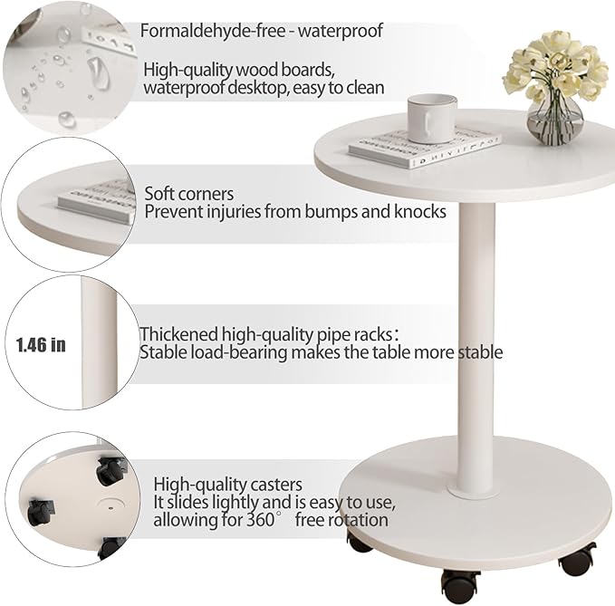 Pedestal Side Table Round with Wheel, Rotating Couch Tables That Slide Under, Small Side Table for Living Room and Bedroom Sofas, Beds, Mini Coffee Tables, (H) 22.4 *(W) 11.8 (Assembly Required)